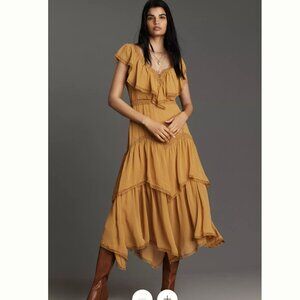 NWT By Anthropologie Short-Sleeve Tan Yellow V-Neck Ruffle Midi Dress